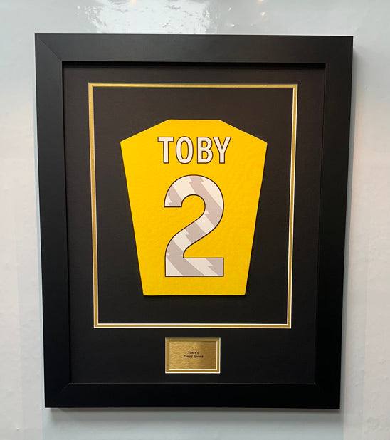 DIY Shirt Framing Kit Babies Black and Gold with free metal customised plaque.