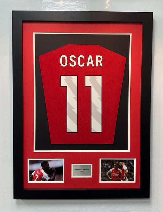 DIY Shirt Framing Kit Junior Red and White with free metal customised plaque.